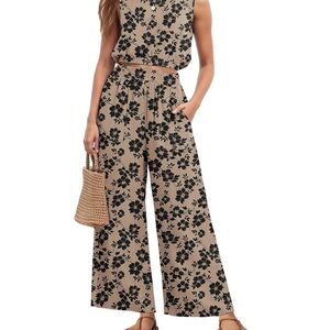 Floral Print Wide-Leg pantsuit 2 piece- Black and khaki